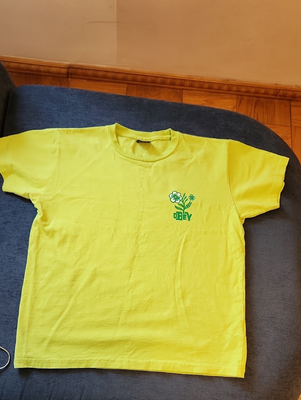 Obey Lime Green  Graphic Tee with Green Flower Logo Size M